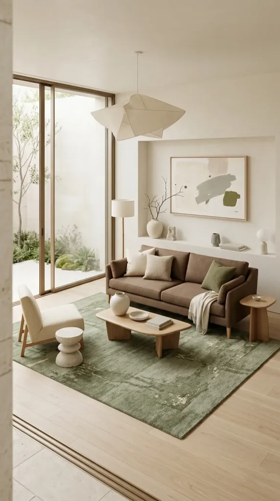 35 Brown Couch Living Room Ideas for Warm, Modern and Stylish Spaces 21 Add a Muted Green Rug