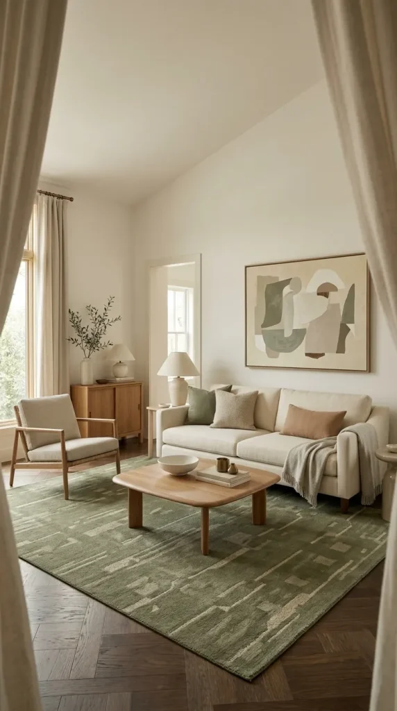 25 Cream Couch Living Room Ideas for Bright, Cozy and Stylish Spaces 13 Add a Muted Green Rug Instead of Painting the Walls