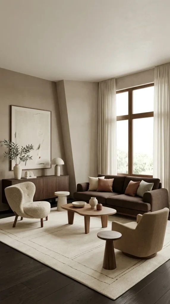 35 Dark Earthy Living Room Ideas for Warm, Moody and Grounded Spaces 12 Build Around a Chocolate Brown Sofa