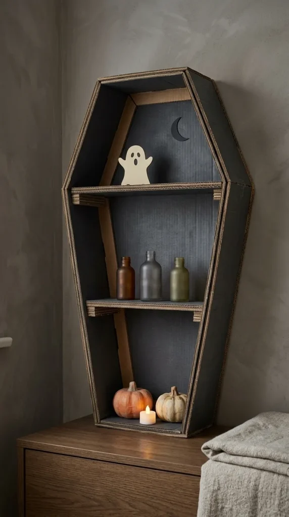 25 Cardboard Halloween Decorations DIY Ideas That Look Better Than a Shipping Box 18 Build a Cardboard Coffin Shelf Display