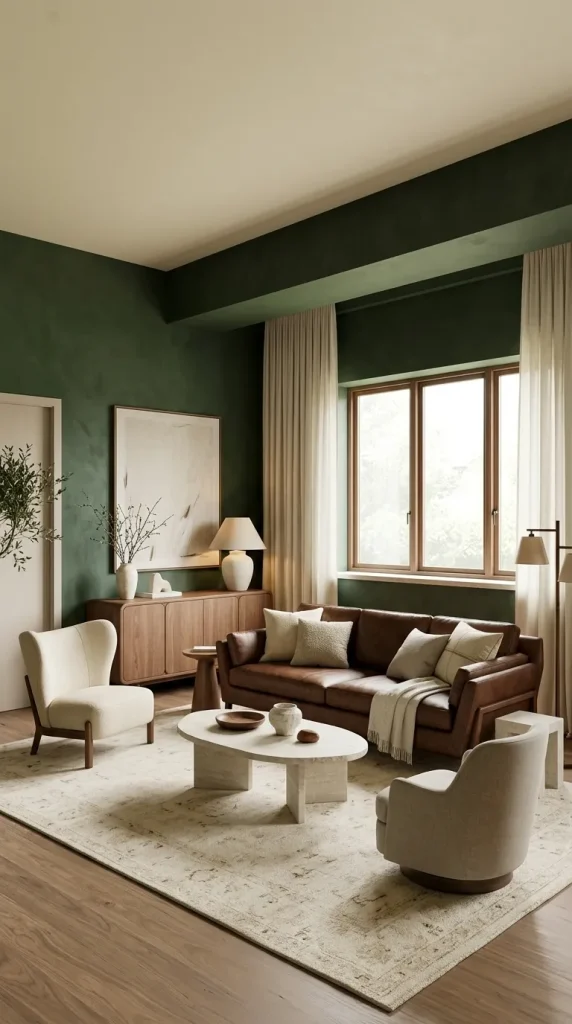 35 Dark Earthy Living Room Ideas for Warm, Moody and Grounded Spaces 9 Build a Forest-Green Room Around a Brown Leather Sofa