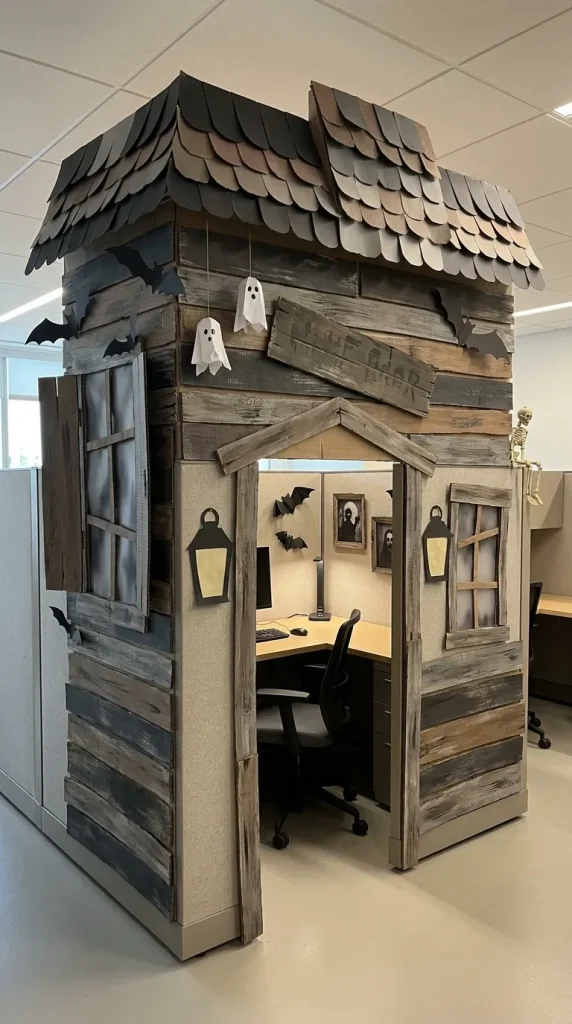 35 Office Halloween Decorations Ideas for Every Kind of Workplace 5 Build a Haunted House Cubicle Facade