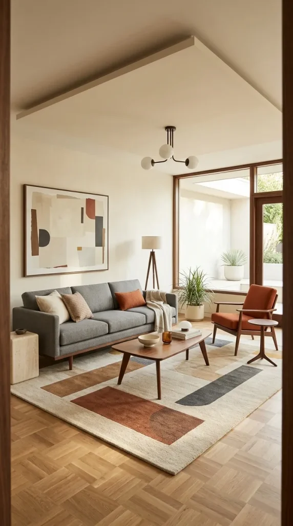 30 Grey Couch Living Room Ideas for Warm, Stylish and Colorful Spaces 27 Build a Mid-Century Grey Couch Room