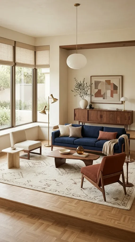 35 Navy Couch Living Room Ideas for Stylish, Cozy and Sophisticated Spaces 33 Build a Mid-Century Navy and Walnut Room