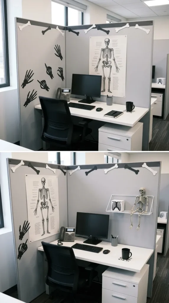 30 Halloween Cubicle Decor Ideas for Work, Contests and Small Spaces 23 Build a Monochrome Skeleton Cubicle