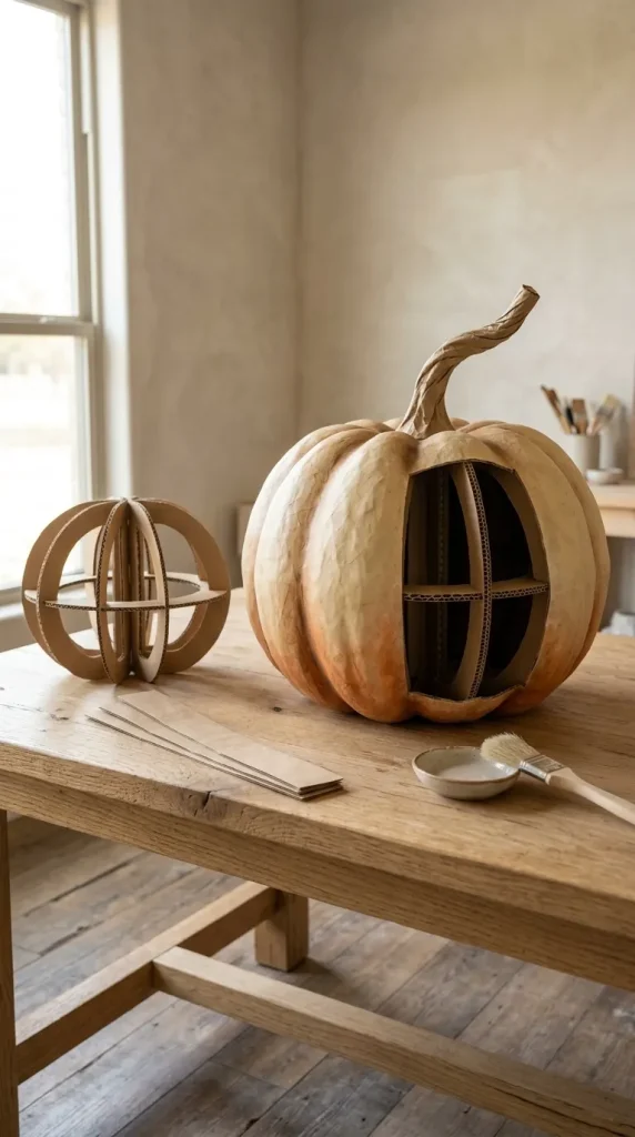 25 Cardboard Halloween Decorations DIY Ideas That Look Better Than a Shipping Box 25 Build a Sculptural Cardboard Pumpkin With Paper-Mâché Finish