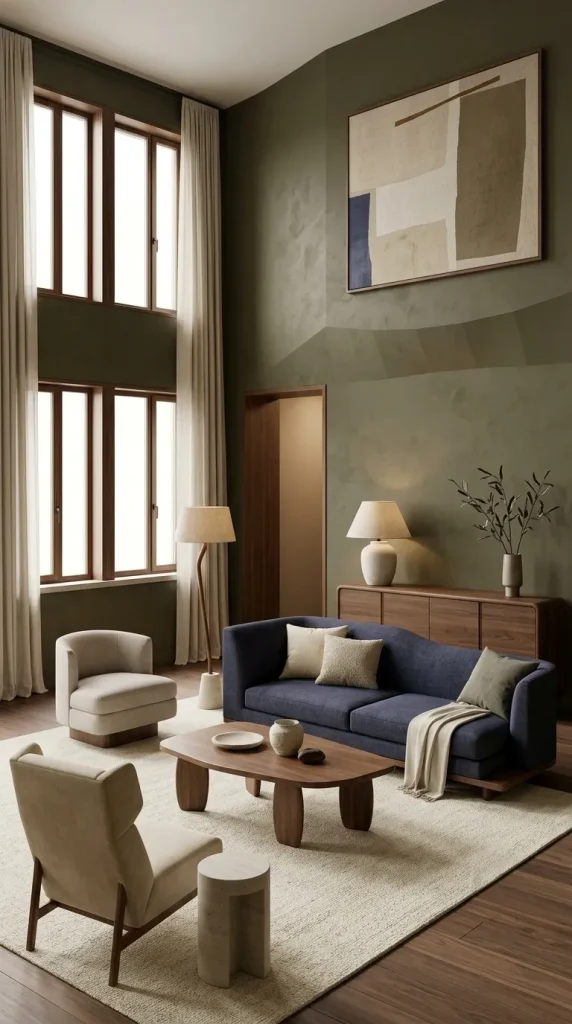 35 Dark Earthy Living Room Ideas for Warm, Moody and Grounded Spaces 24 Combine Indigo With Olive