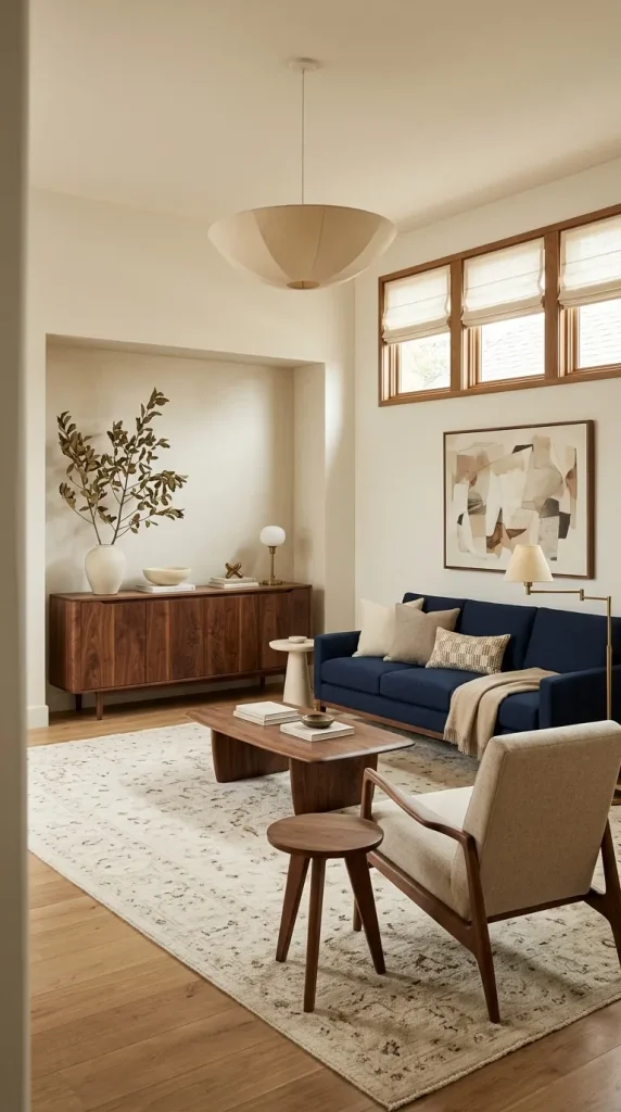 35 Navy Couch Living Room Ideas for Stylish, Cozy and Sophisticated Spaces 7 Combine Navy With Walnut Furniture