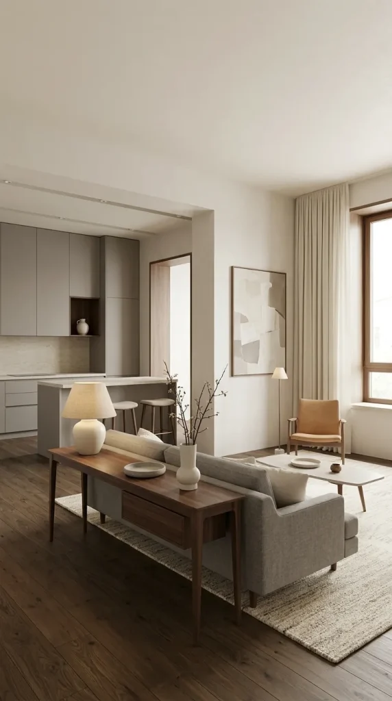 Connect a Grey Kitchen to a Brown-and-Grey Living Room