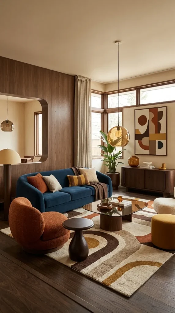 Create a 1970s-Inspired Blue Couch Room