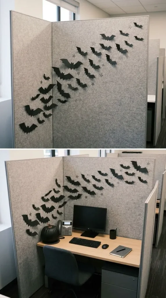 30 Halloween Cubicle Decor Ideas for Work, Contests and Small Spaces 22 Create a Bat Swarm Across Multiple Divider Panels