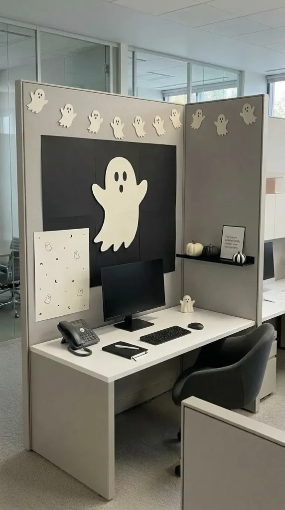 30 Halloween Cubicle Decor Ideas for Work, Contests and Small Spaces 10 Create a Black-and-White Ghost Office