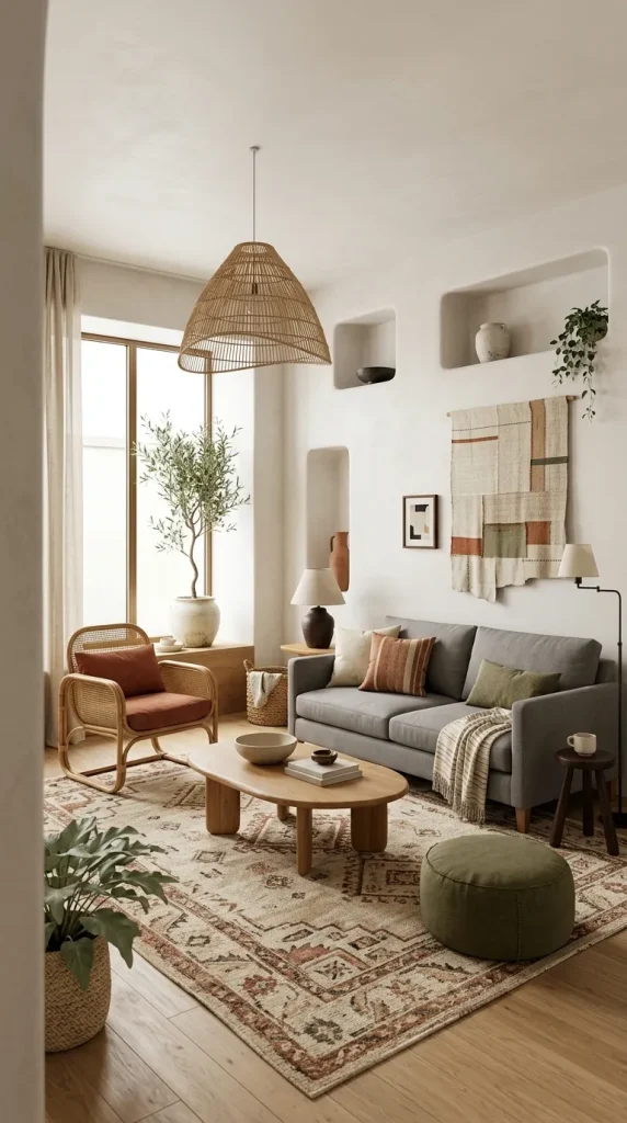 30 Grey Couch Living Room Ideas for Warm, Stylish and Colorful Spaces 28 Create a Boho Grey Couch Living Room