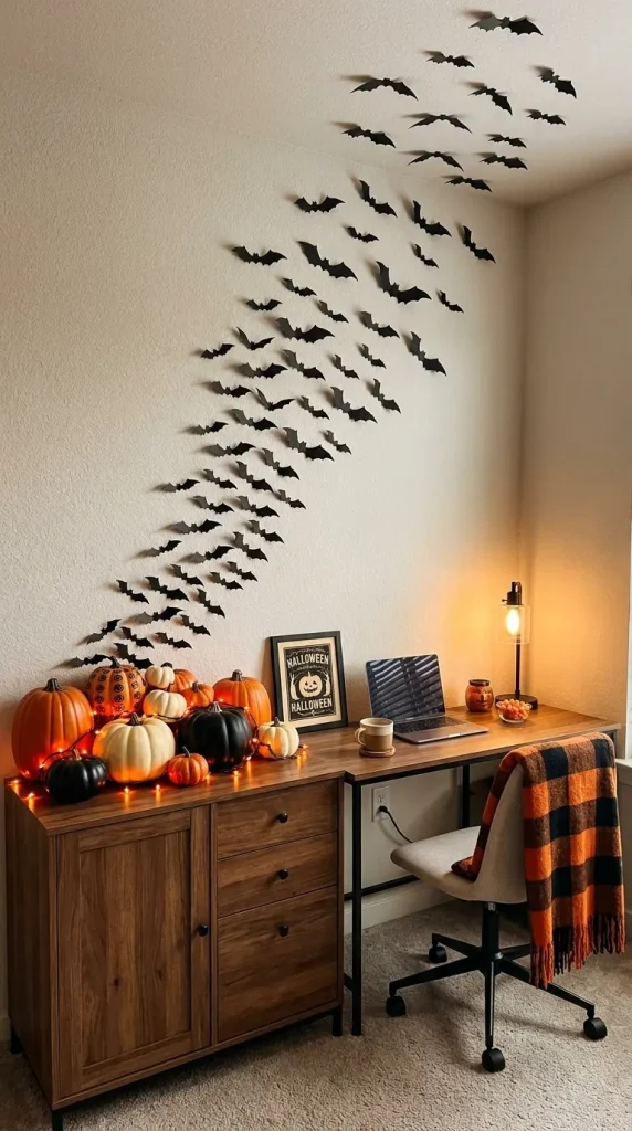 35 Office Halloween Decorations Ideas for Every Kind of Workplace 23 Create a Classic Pumpkin-and-Bat Small Office