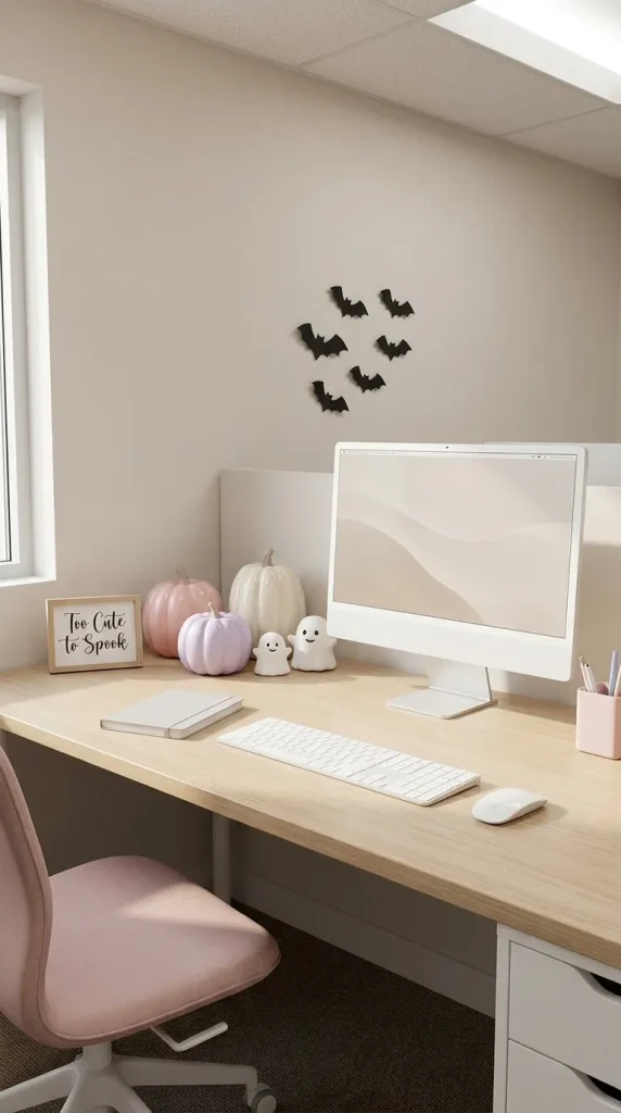 35 Office Halloween Decorations Ideas for Every Kind of Workplace 19 Create a Cute Pastel Halloween Desk