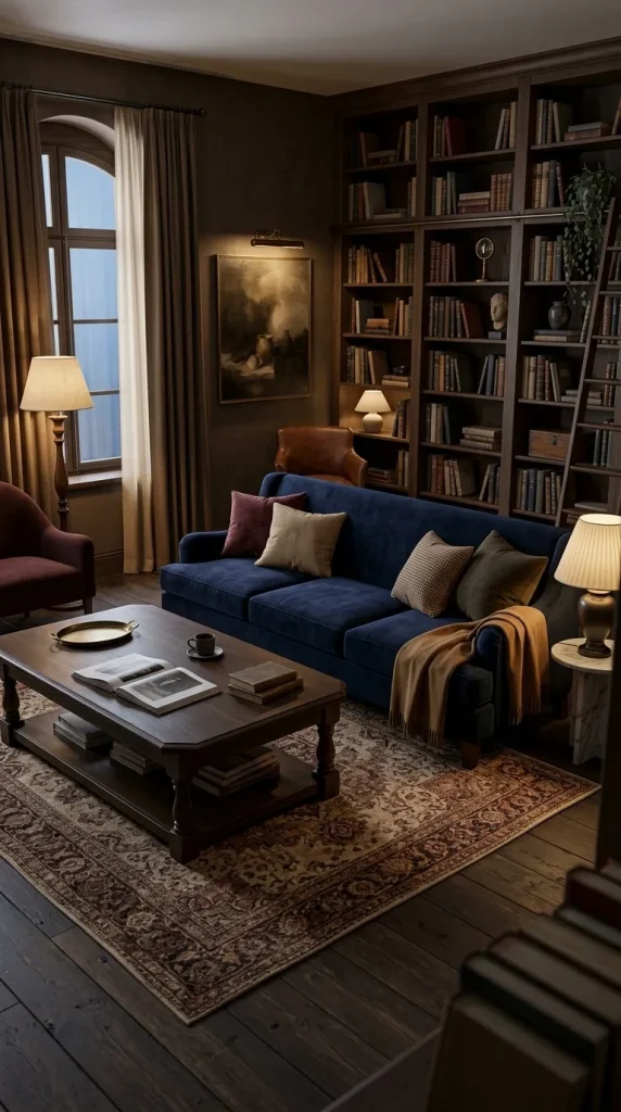 Create a Dark-Academia Navy Sofa Room