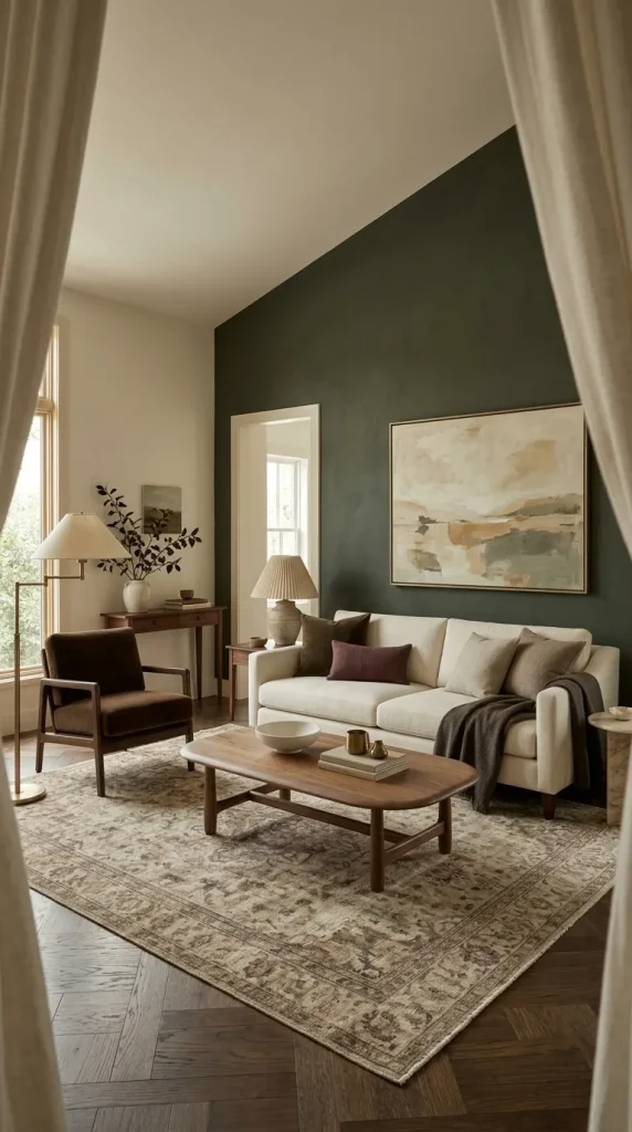 25 Cream Couch Living Room Ideas for Bright, Cozy and Stylish Spaces 12 Create a Dark Green and Cream Moody Living Room