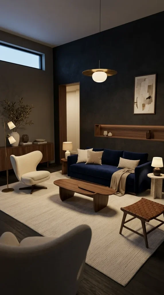 35 Navy Couch Living Room Ideas for Stylish, Cozy and Sophisticated Spaces 13 Create a Deliberately Moody Navy-and-Black Room