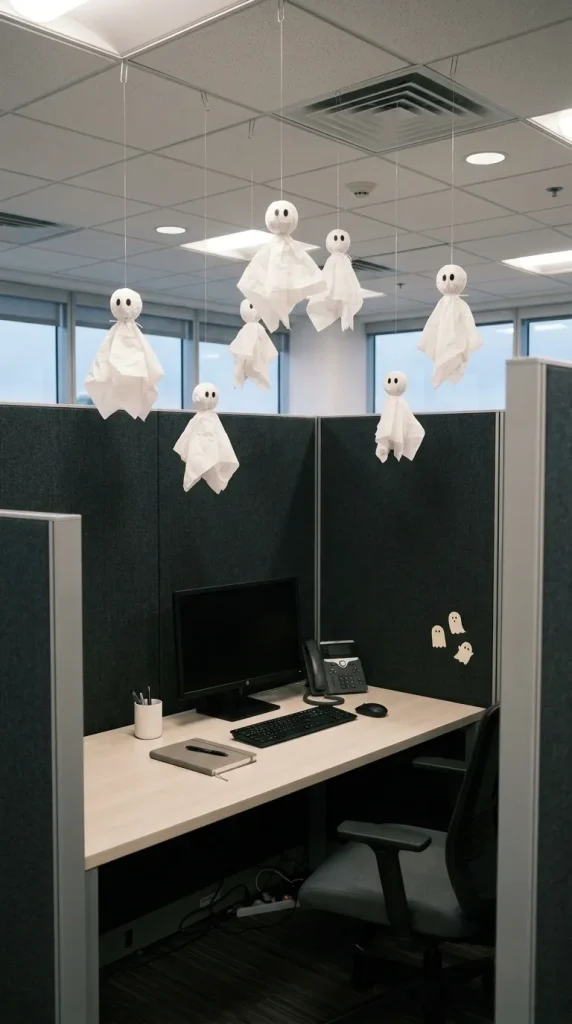 30 Halloween Cubicle Decor Ideas for Work, Contests and Small Spaces 27 Create a Floating Ghost Ceiling Effect