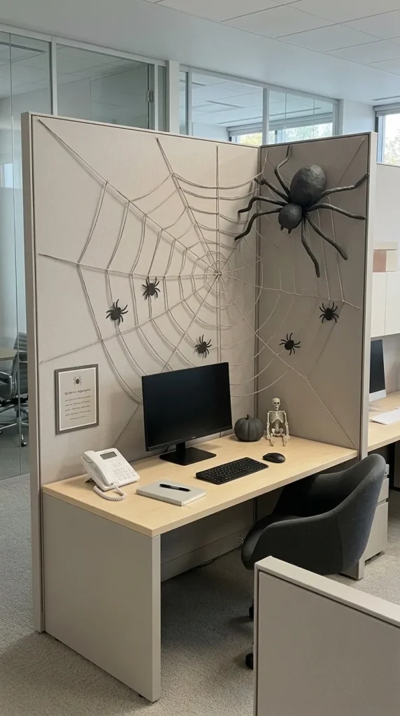 30 Halloween Cubicle Decor Ideas for Work, Contests and Small Spaces 8 Create a Giant Spiderweb Corner