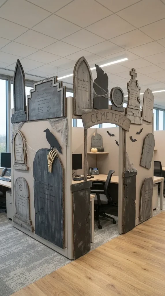 30 Halloween Cubicle Decor Ideas for Work, Contests and Small Spaces 3 Create a Graveyard Cubicle With Cardboard Tombstones