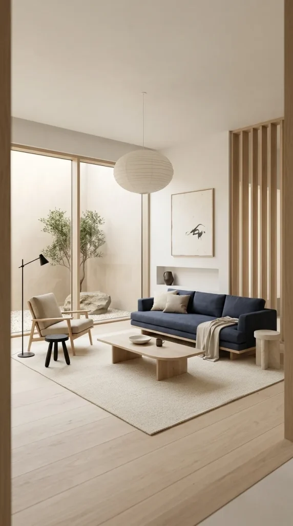 35 Navy Couch Living Room Ideas for Stylish, Cozy and Sophisticated Spaces 32 Create a Japandi Navy Living Room
