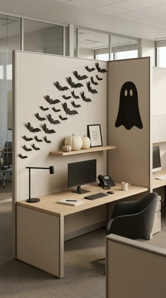 30 Halloween Cubicle Decor Ideas for Work, Contests and Small Spaces 5 Create a Minimal Black-and-Cream Halloween Cubicle