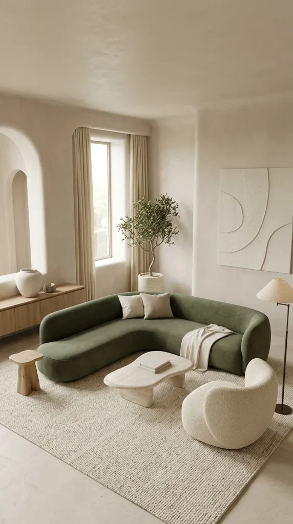 Create a Modern-Organic Room With a Moss Green Couch