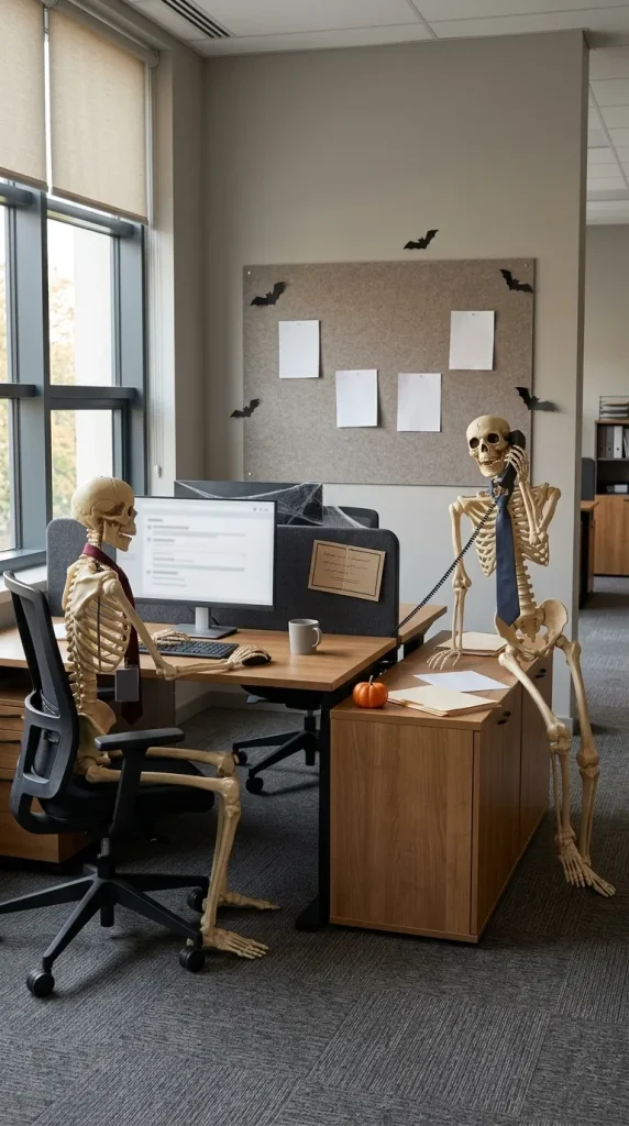 35 Office Halloween Decorations Ideas for Every Kind of Workplace 11 Create a Skeleton Coworker Scene