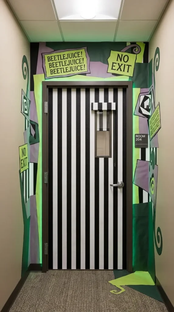 35 Office Halloween Decorations Ideas for Every Kind of Workplace 7 Design a Beetlejuice-Inspired Office Door