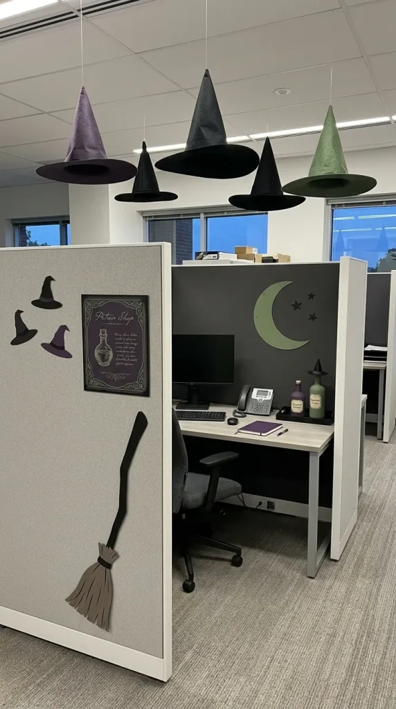 30 Halloween Cubicle Decor Ideas for Work, Contests and Small Spaces 17 Frame the Cubicle Entrance With Hanging Witch Hats