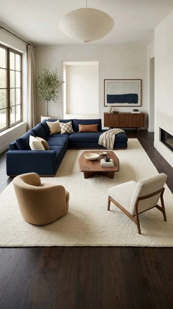 35 Navy Couch Living Room Ideas for Stylish, Cozy and Sophisticated Spaces 5 Ground a Navy Sofa With a Large Cream Rug