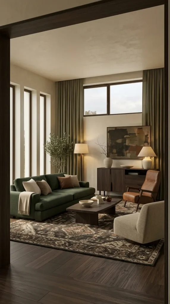 35 Dark Earthy Living Room Ideas for Warm, Moody and Grounded Spaces 3 Keep Warm-White Walls and Put the Darkness Into the Furniture