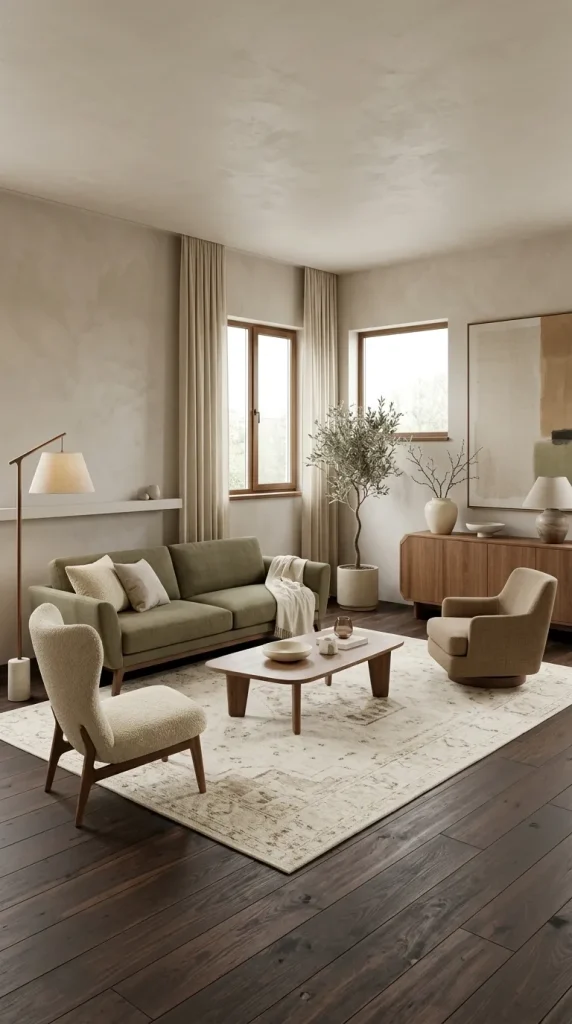 35 Dark Earthy Living Room Ideas for Warm, Moody and Grounded Spaces 4 Let Dark Wood Flooring Carry Most of the Mood