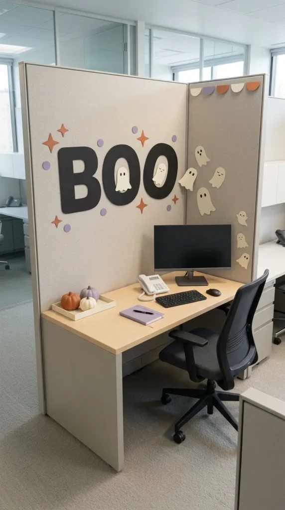 30 Halloween Cubicle Decor Ideas for Work, Contests and Small Spaces 13 Make a “Boo” Cubicle With Playful Lettering