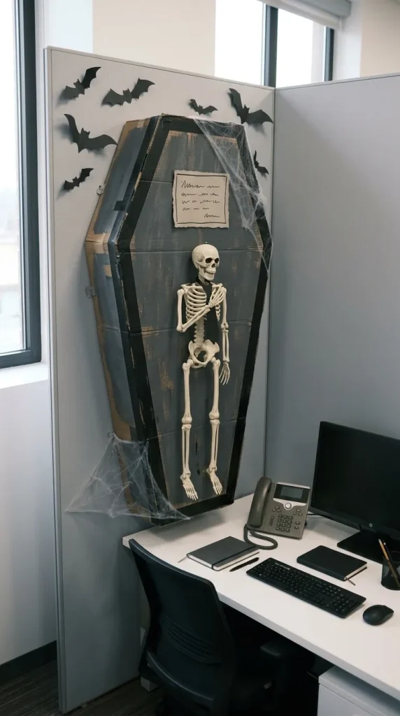 30 Halloween Cubicle Decor Ideas for Work, Contests and Small Spaces 25 Make a DIY Cardboard Coffin Cubicle Feature