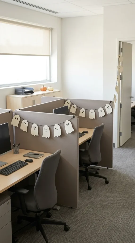 35 Office Halloween Decorations Ideas for Every Kind of Workplace 25 Make a DIY Ghost Garland for Cubicles and Doors