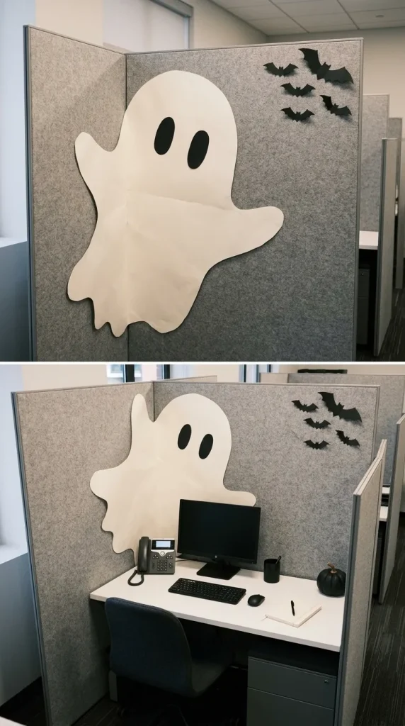 30 Halloween Cubicle Decor Ideas for Work, Contests and Small Spaces 21 Make a Tiny Cubicle Feel Dramatic With One Oversized Ghost