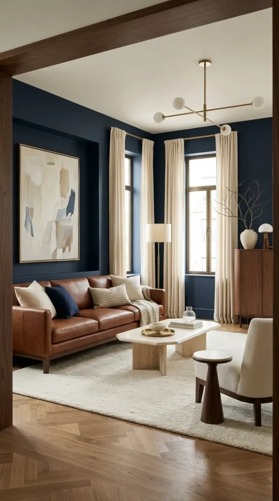 35 Brown Couch Living Room Ideas for Warm, Modern and Stylish Spaces 22 Pair Brown Leather With Navy Walls