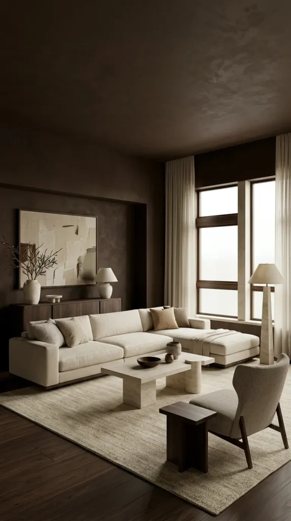 35 Dark Earthy Living Room Ideas for Warm, Moody and Grounded Spaces 20 Pair Cream Upholstery With Chocolate and Stone