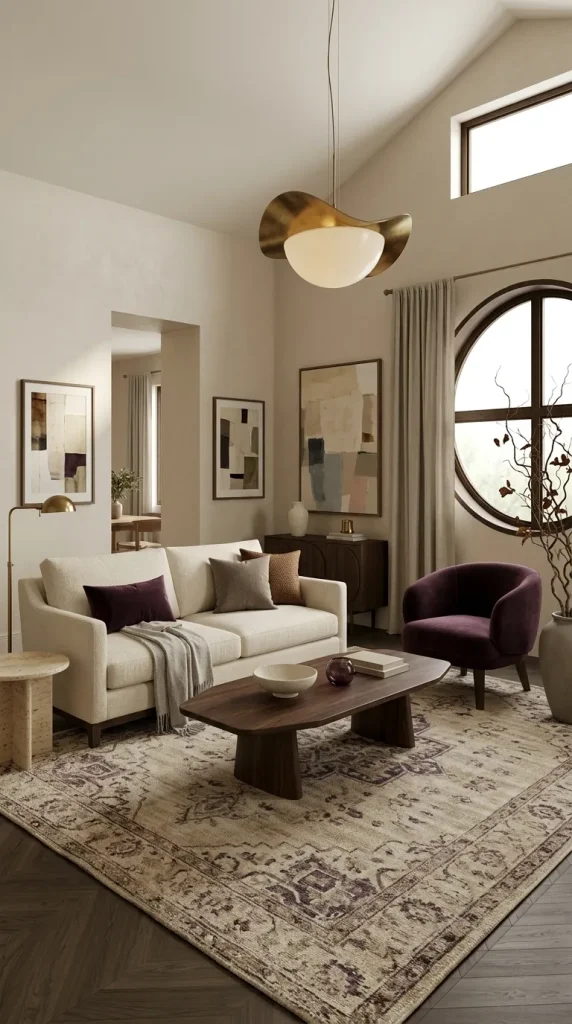25 Cream Couch Living Room Ideas for Bright, Cozy and Stylish Spaces 18 Pair Cream With Deep Plum for a Jewel-Toned Contrast