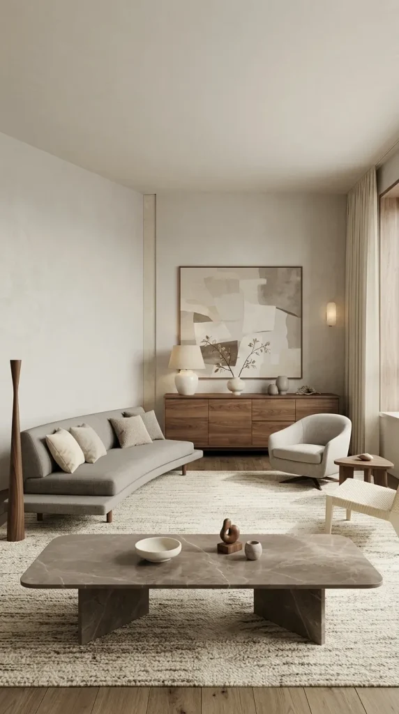 Pair Grey Seating With Brown Marble and Walnut