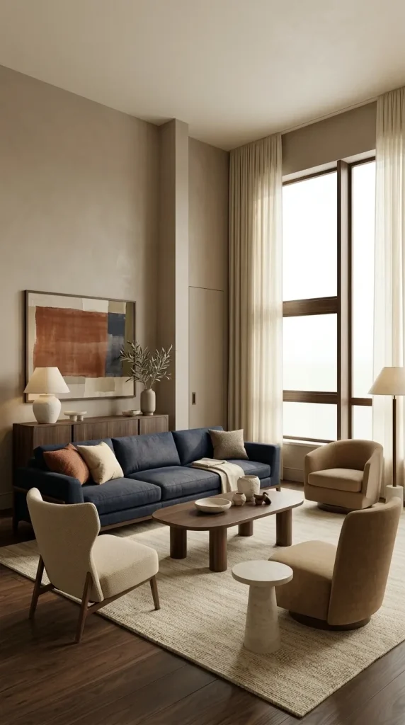 35 Dark Earthy Living Room Ideas for Warm, Moody and Grounded Spaces 22 Pair Navy With Walnut and Rust