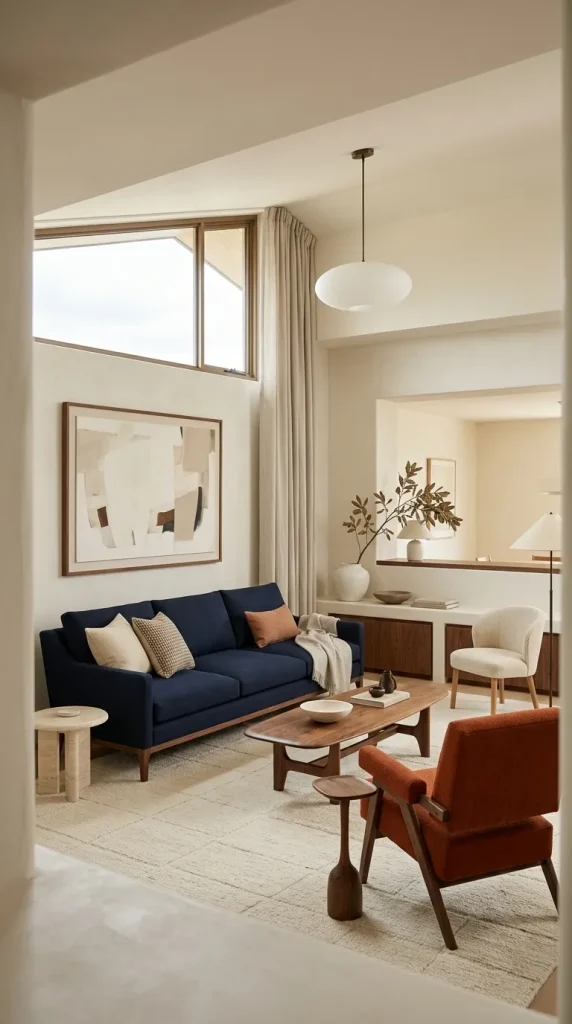 35 Navy Couch Living Room Ideas for Stylish, Cozy and Sophisticated Spaces 17 Pair Navy With a Burnt-Orange Chair