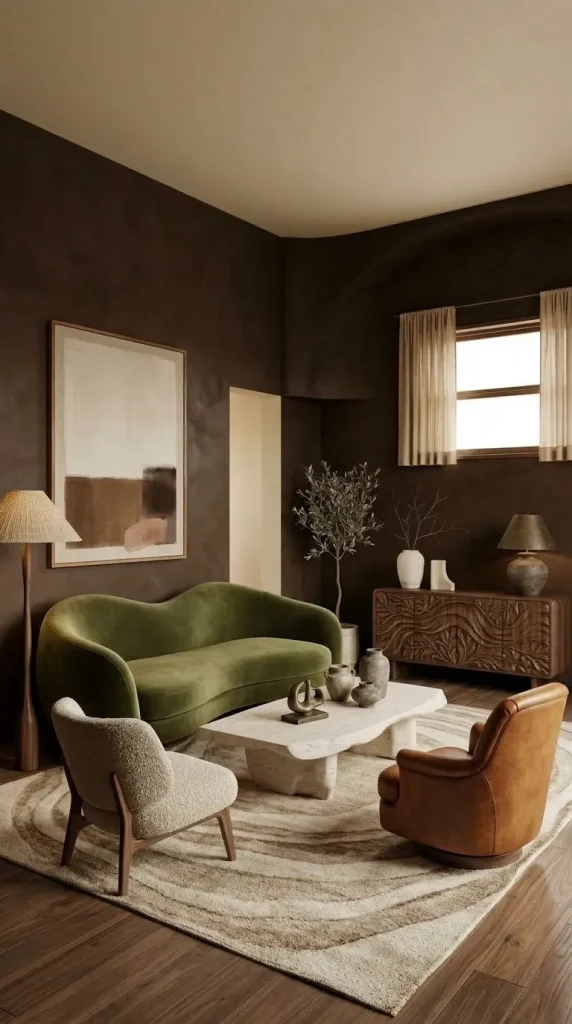 35 Dark Earthy Living Room Ideas for Warm, Moody and Grounded Spaces 7 Pair Olive With Walnut and Camel Leather