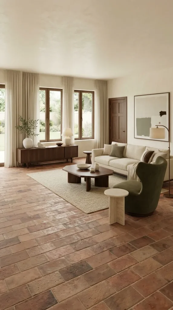 Pair Terracotta Tiles With Olive and Dark Wood