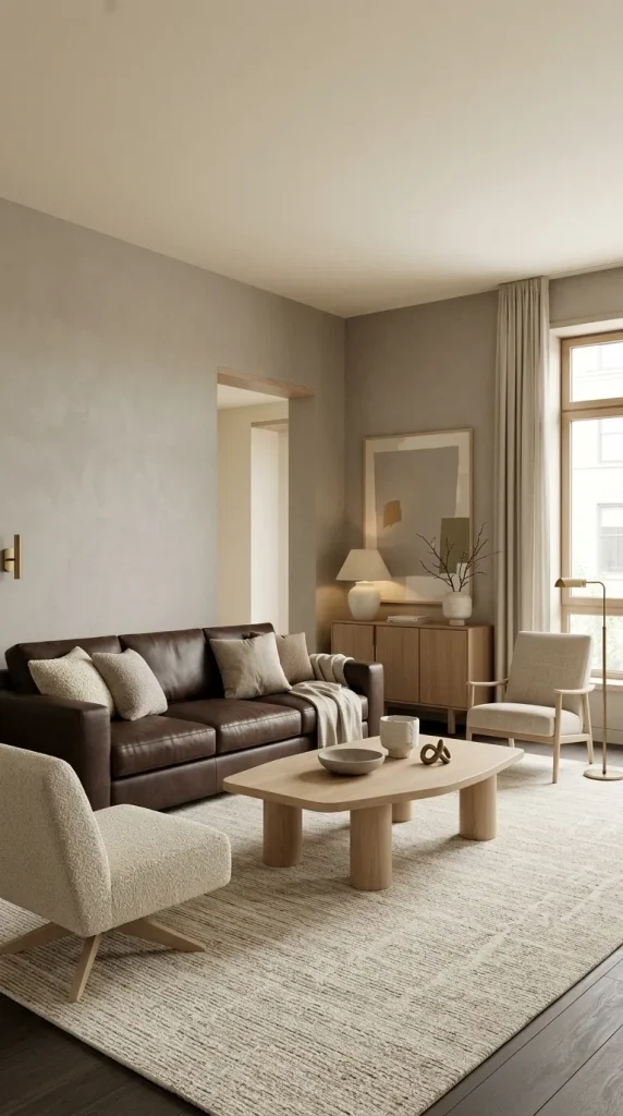 Pair a Brown Leather Sofa With Warm Grey Walls