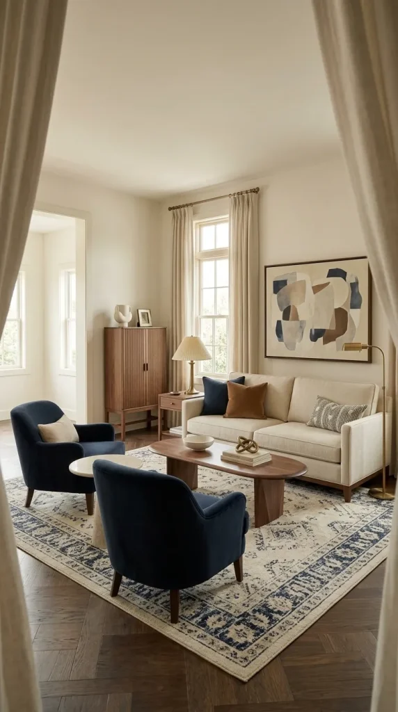 25 Cream Couch Living Room Ideas for Bright, Cozy and Stylish Spaces 14 Pair a Cream Couch With Navy Accent Chairs
