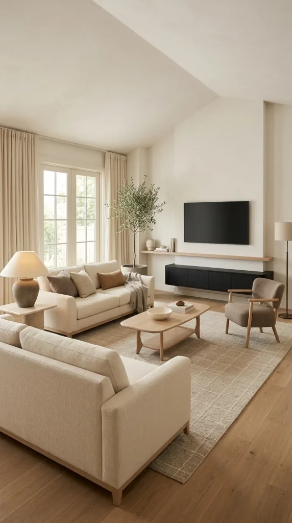 25 Cream Couch Living Room Ideas for Bright, Cozy and Stylish Spaces 8 Pair a Cream Couch With a Black Media Unit