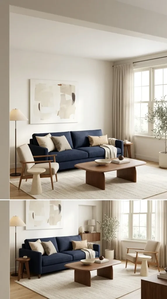 35 Navy Couch Living Room Ideas for Stylish, Cozy and Sophisticated Spaces 2 Pair a Navy Couch With Warm White Walls
